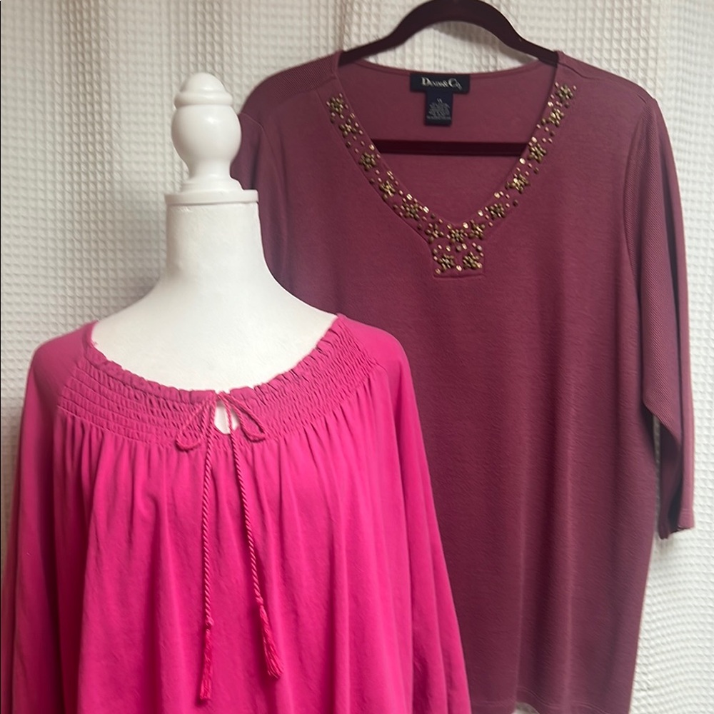 Denim&Co set of 2 3/4 sleeve comfy casual tops with decorative neckline- 1X